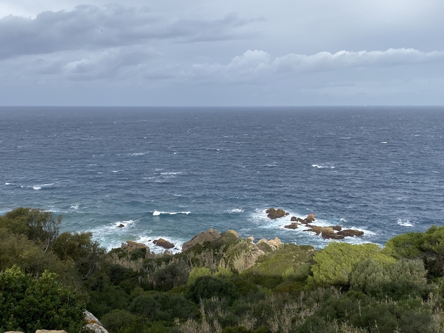       A view of a rocky shoreline with waves crashing.
  