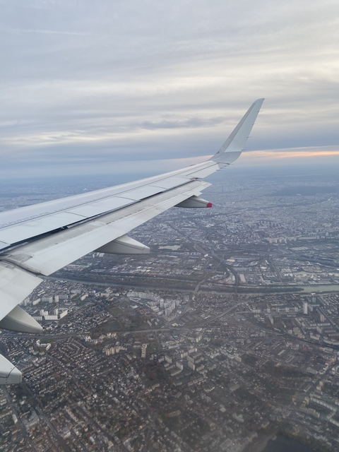       Aerial view from an airplane window capturing a cityscape.
  