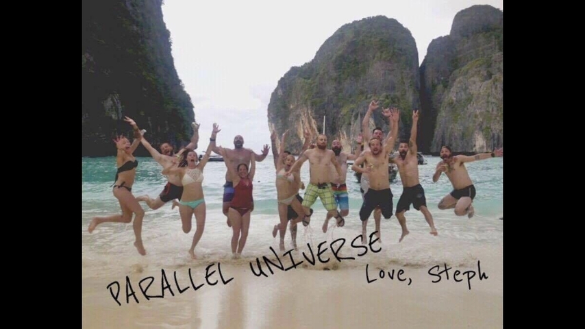Group of people jumping on the beach with overlay text.