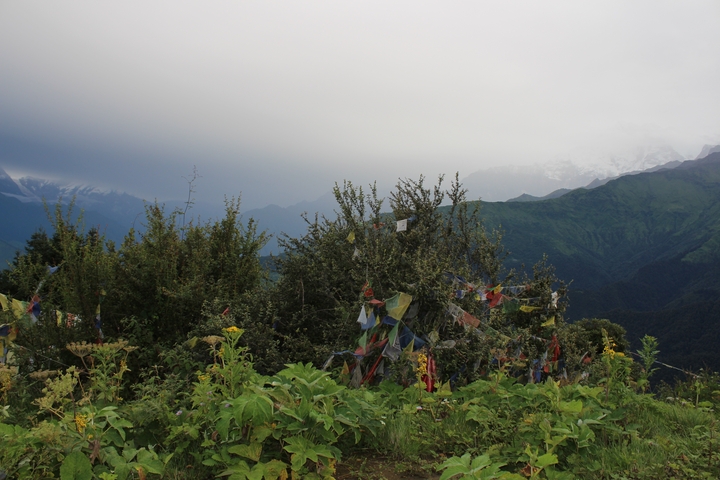 Landscape with prayer flags and overcast skies.