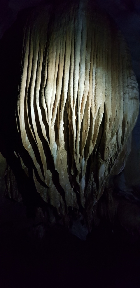 Close-up of cave formations with stalactites.