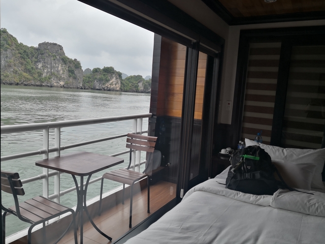       Scenic view from a cruise cabin with a balcony.
  