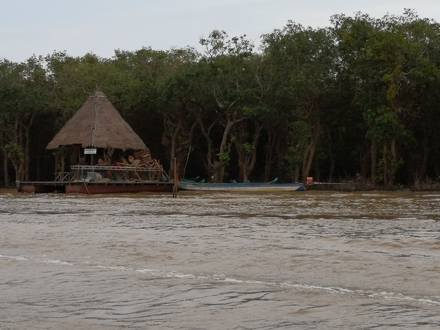 Thatch-roofed shelter by a river with trees.