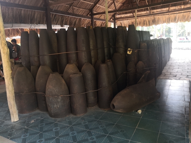       Collection of old bombs on display.
  