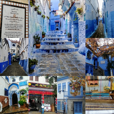       Collage of blue-themed images of a Moroccan town.
  