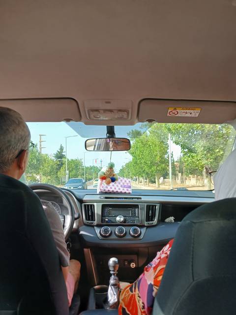       Interior of a car with a male and a female passenger.
  