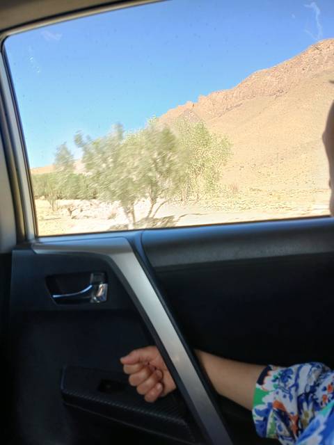       View from inside a vehicle showing desert landscape.
  