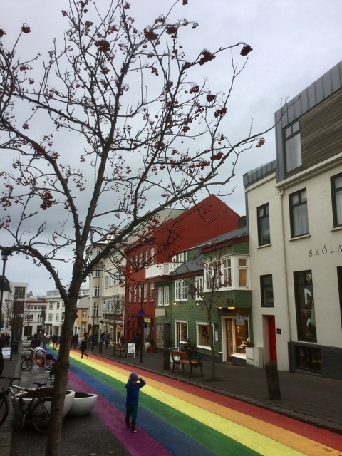 Colorful row of buildings with blossoming tree.