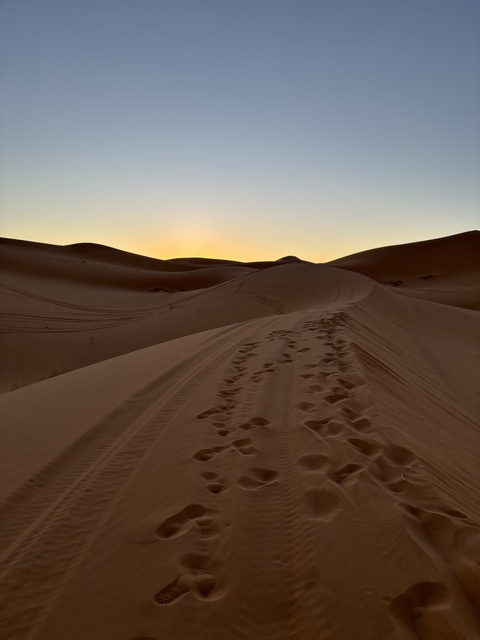 Sand dunes at sunset with visible tracks.