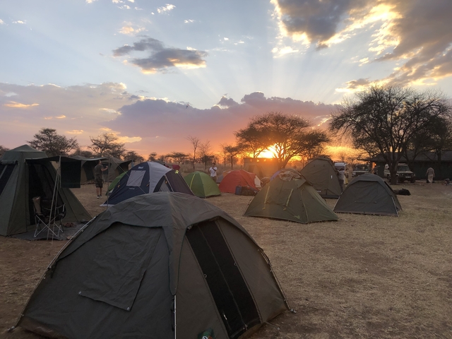       Camping tents set up with a sunset in the background.
  