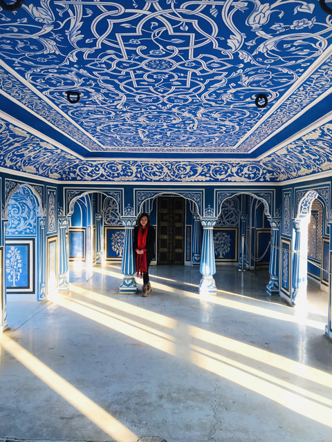       Person standing inside a detailed ornate blue room.
  
