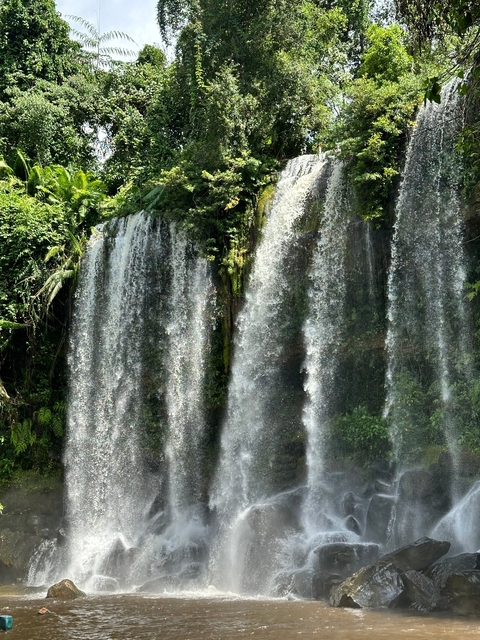       Waterfall amidst lush green foliage.
  