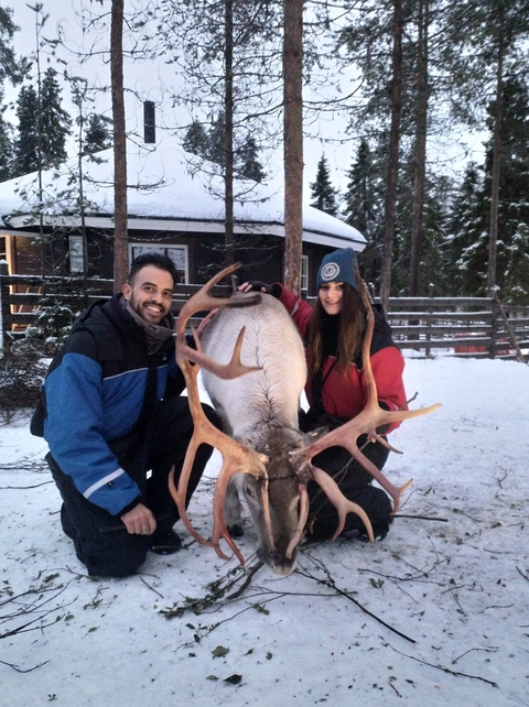 Couple posing with a reindeer in the snow.