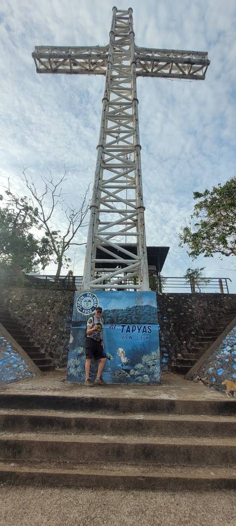       Person posing near a scenic viewpoint with a sign and tower.
  