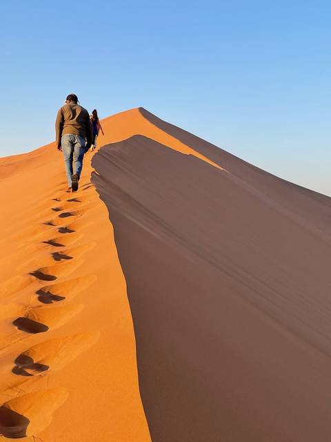       Two people walking on a sand dune.
  