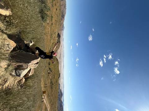       Person posing playfully with wide landscape view.
  