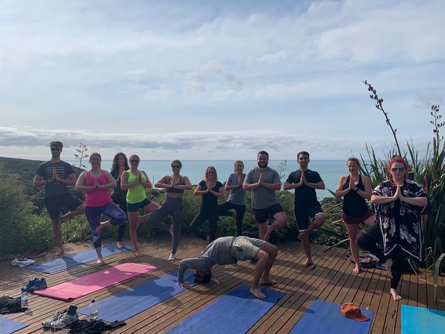 Group of people doing a yoga pose outdoors with an ocean view.