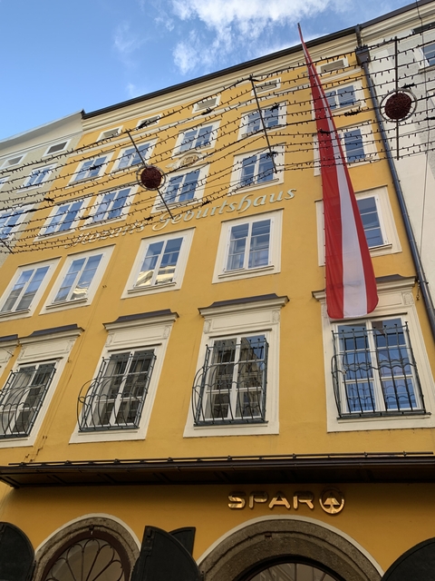 Historic building with Austrian flag and festive lights.