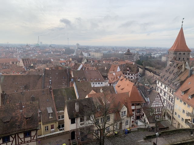 Panoramic view of a cityscape with a historic castle and rooftops.