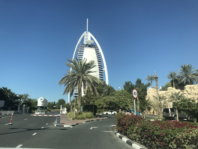 Famous hotel with palm trees and a clear blue sky.