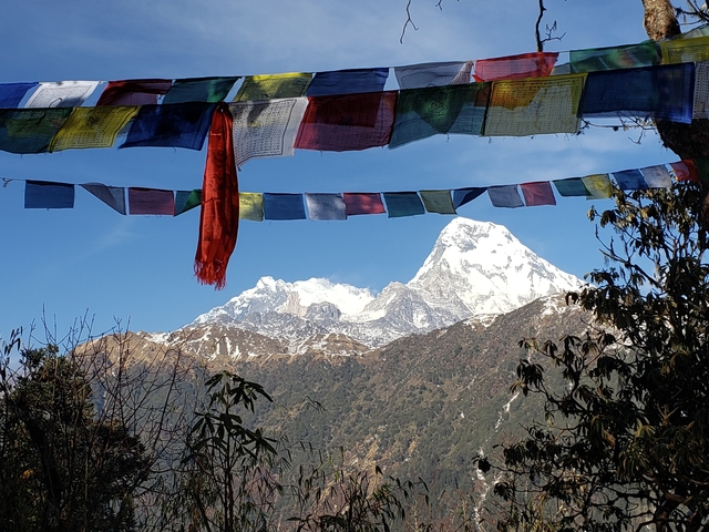 Mountain view with colorful prayer flags.