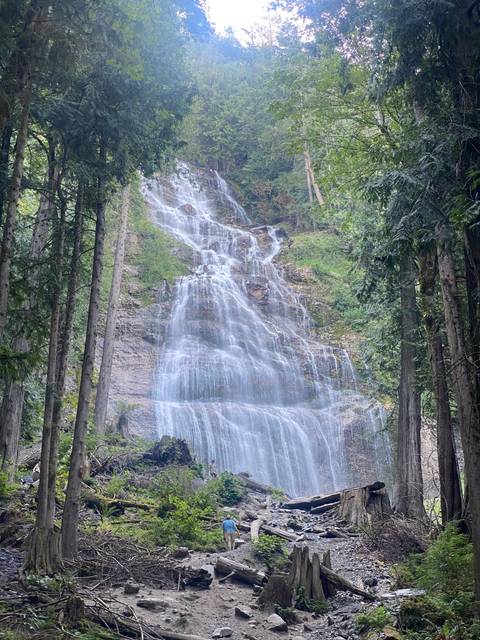 A tall waterfall cascading down a forested hillside.