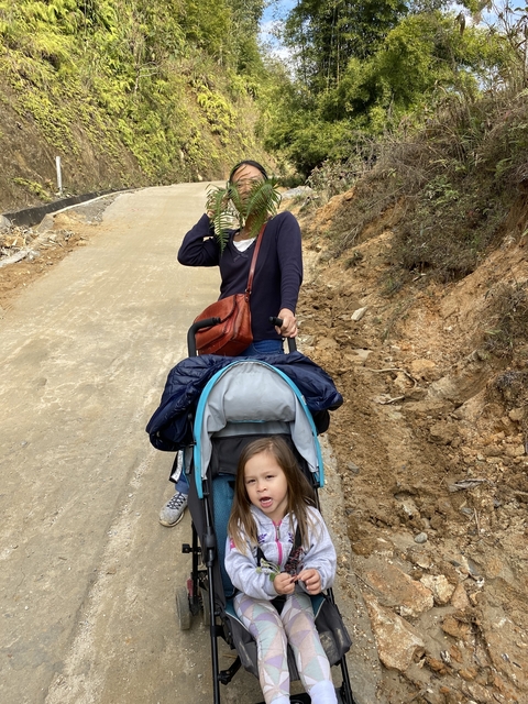 Woman pushing a stroller on a rural path.