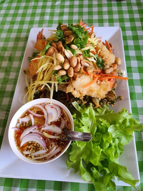 Plate of crispy fried food with salad and sauce.