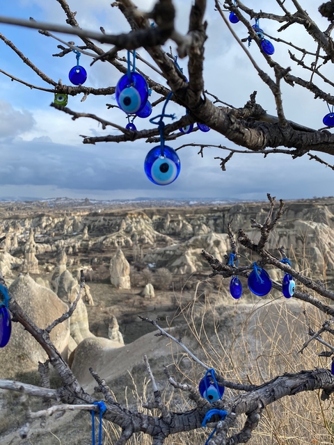       Nazar amulets hanging on a tree, overlooking rock formations.
  