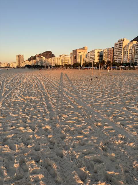       Sandy beach with high-rise buildings in the distance.
  