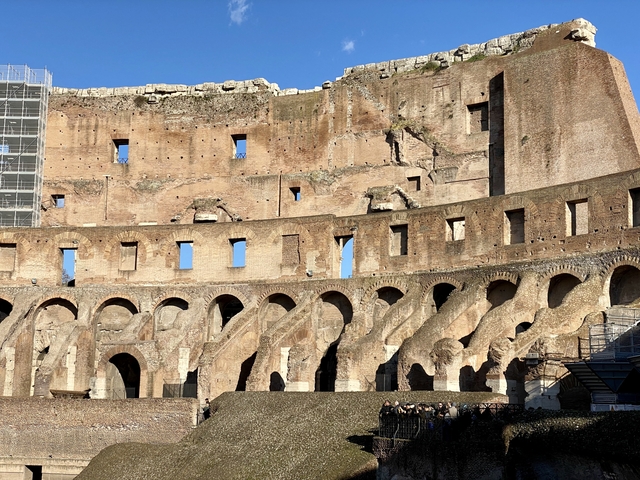Interior view of the Colosseum with details of the arches.
