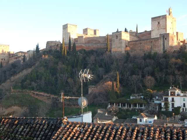 The historic Alhambra palace set against a forested hill.