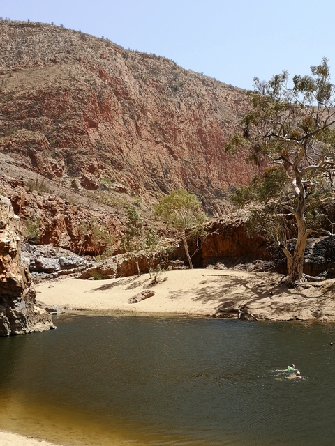 Sandy landscape with rocky cliffs and trees.