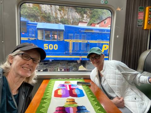 Upside-down image of two people on a train with a passing train in the background