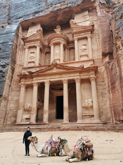 The famous Treasury at Petra carved into the rock.