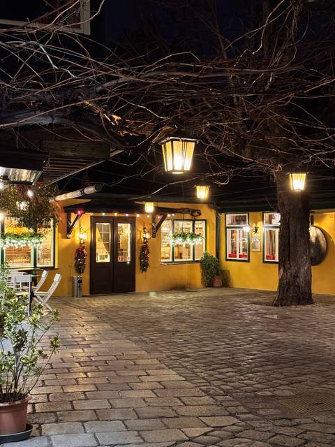 Cozy restaurant exterior with decorative lights at night.