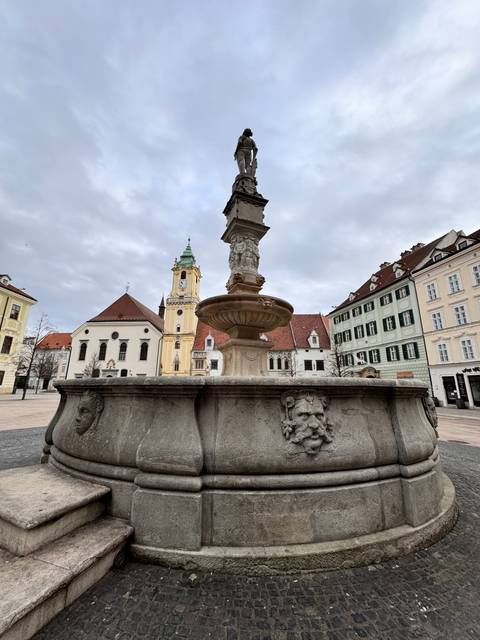 Fountain and historical buildings in a square.