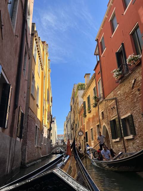       Venetian canal with gondolas and colorful buildings.
  