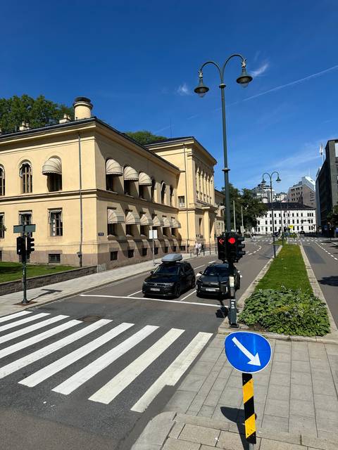       Urban street with historic buildings and traffic lights.
  