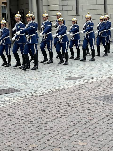       Uniformed guards lined up in formation.
  
