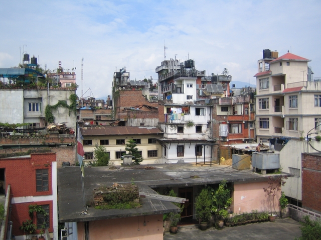 Urban landscape of closely packed buildings.
