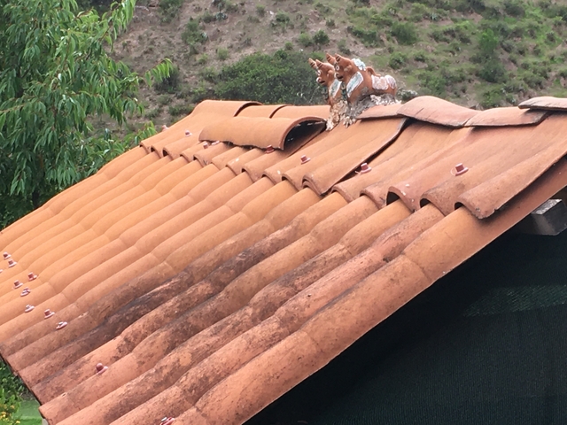       Terracotta roof tiles with decorative figures on a house.
  