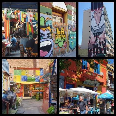 Collage of colorful street art and buildings in Buenos Aires.