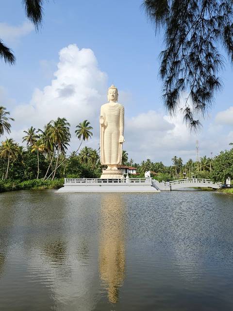 Large statue of Buddha with reflection in a pond.