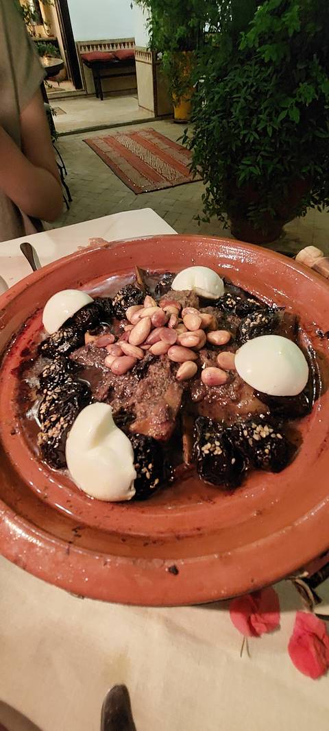       Moroccan dish with lamb, eggs, and almonds.
  