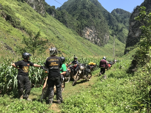 A group of people with motorbikes in a lush, green landscape.