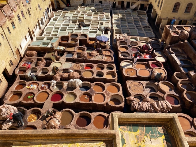       Traditional Moroccan leather tannery with workers.
  