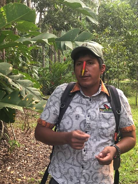       Man demonstrating something in a forest setting.
  