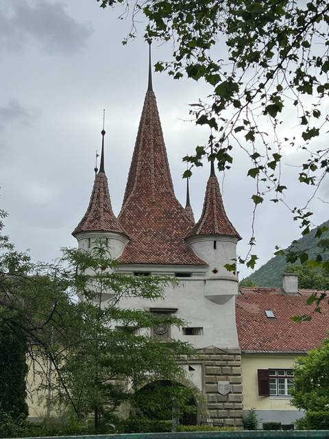       A building with pointed roofs and trees around.
  