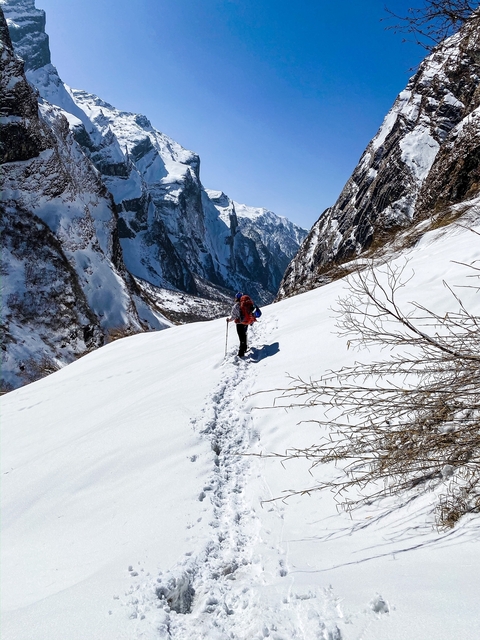       Hiker making their way up a snowy path between mountains.
  
